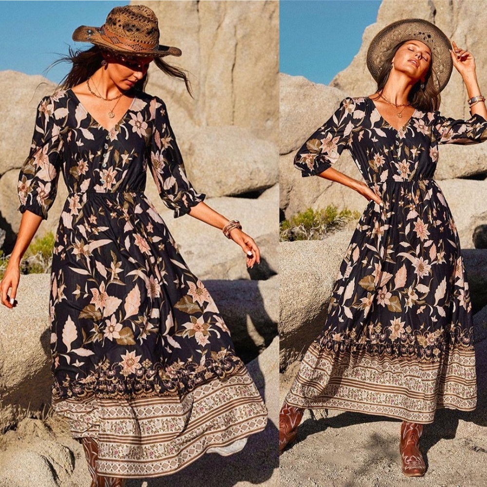 Cupshe Wendy Bubble Sleeve Maxi Dress Boho Western *1006.1